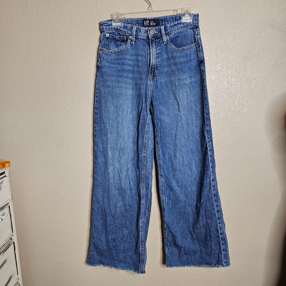 Gap Denim Womens 6/28R High Rise Wide Leg Jeans Medium Summer Wash Raw Hem